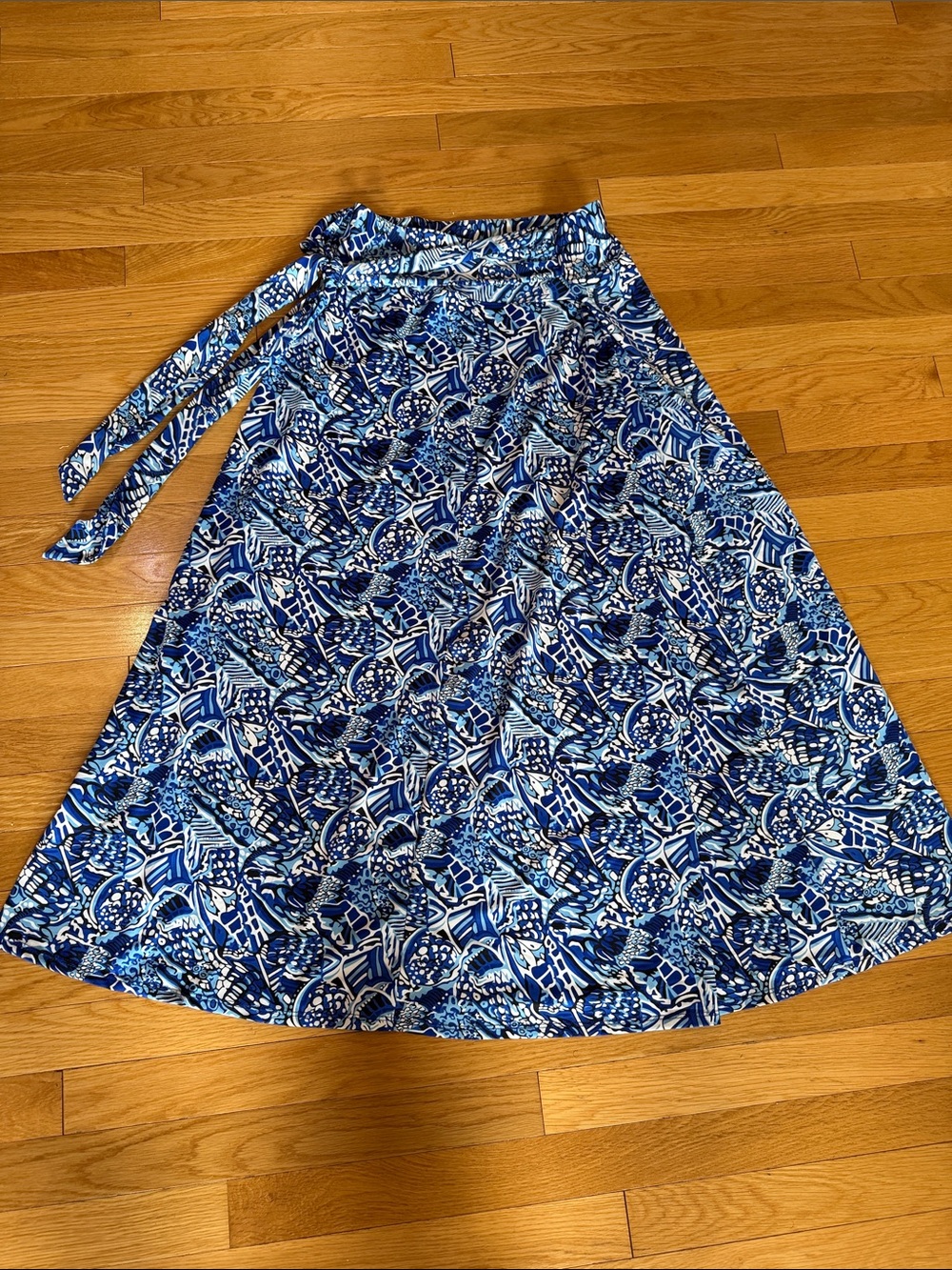 NWT Ny Collection Blue Abstract Print Tie Waist Midi Skirt
